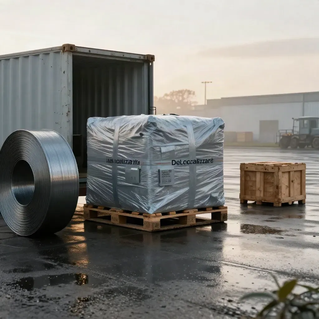 Modulo macchina imballato su pallet, container aperto e bobina metallica in piazzale bagnato all’alba.