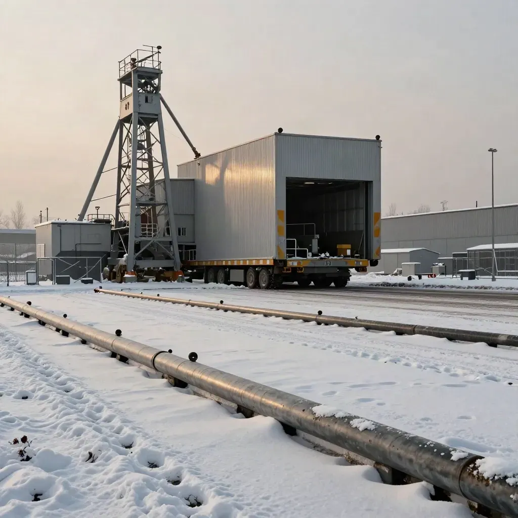 Piazzale industriale innevato con capannoni in lamiera e baie di carico chiuse, visto da bassissimo.